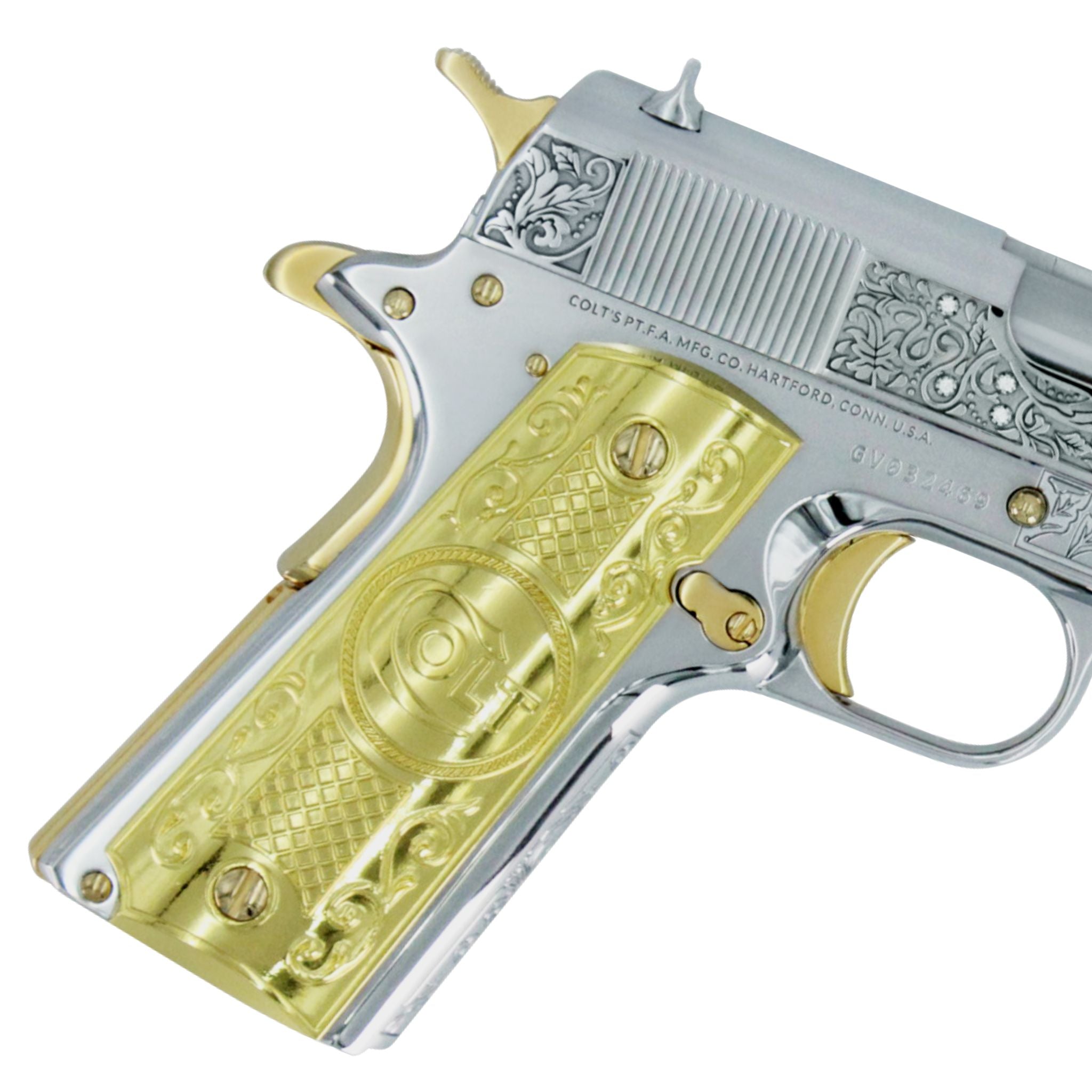 Colt 1911 Government, 45ACP, Vine & Berries Design with Diamonds, White Chrome, 24K Gold Plated Accents, SKU: 4958762434662, 24 karat gold gun, 24 Karat Gold Firearm