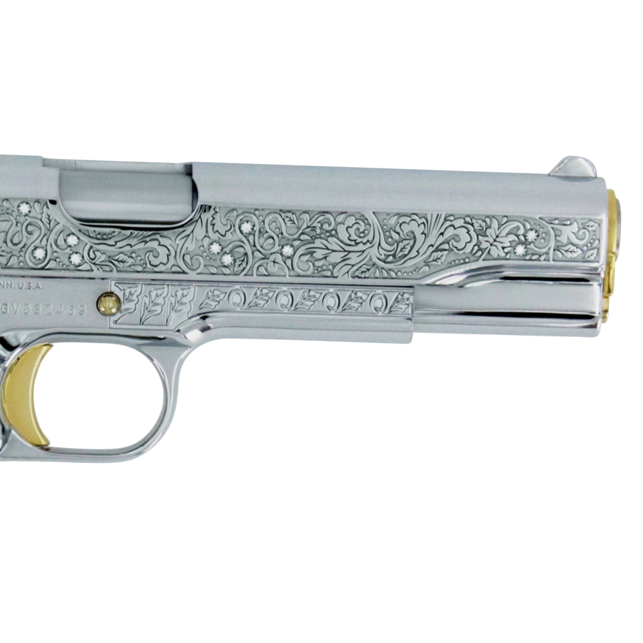 Colt 1911 Government, 45ACP, Vine & Berries Design with Diamonds, White Chrome, 24K Gold Plated Accents, SKU: 4958762434662, 24 karat gold gun, 24 Karat Gold Firearm