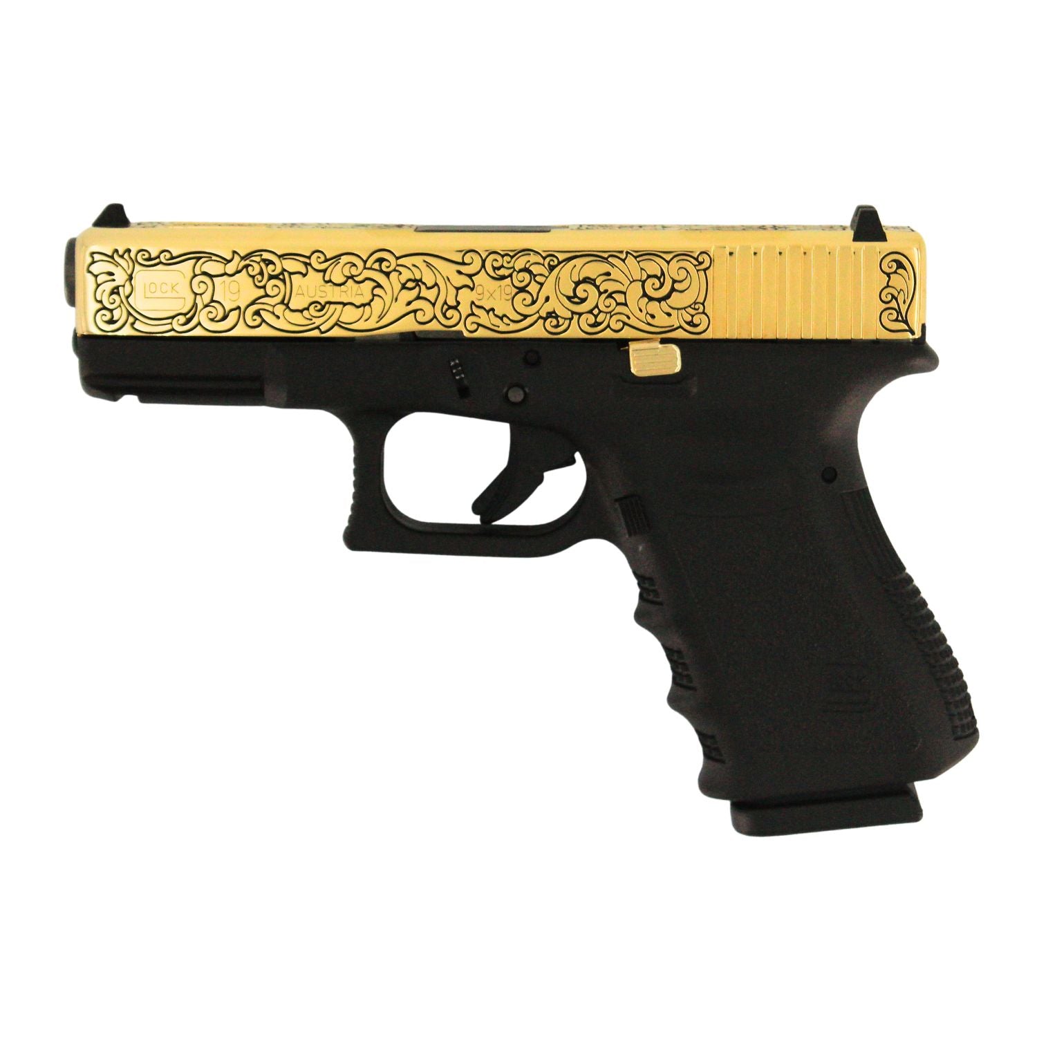 Glock G19 Gen 3, 9MM, English Scroll, 24 Karat Gold