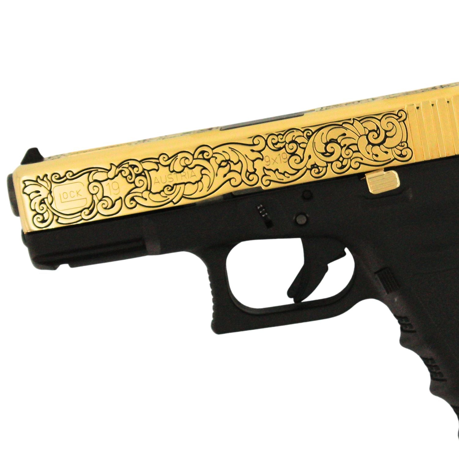 Glock G19 Gen 3, 9MM, English Scroll, 24 Karat Gold