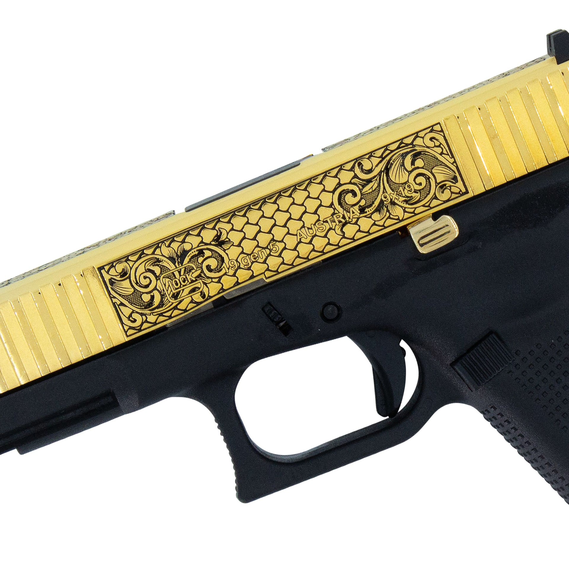 Glock G19 Gen 5, 9mm, Tuscan Scroll, 24 Karat Gold, SKU: 6833796218982, 24 karat gold gun, 24 Karat Gold Firearm
