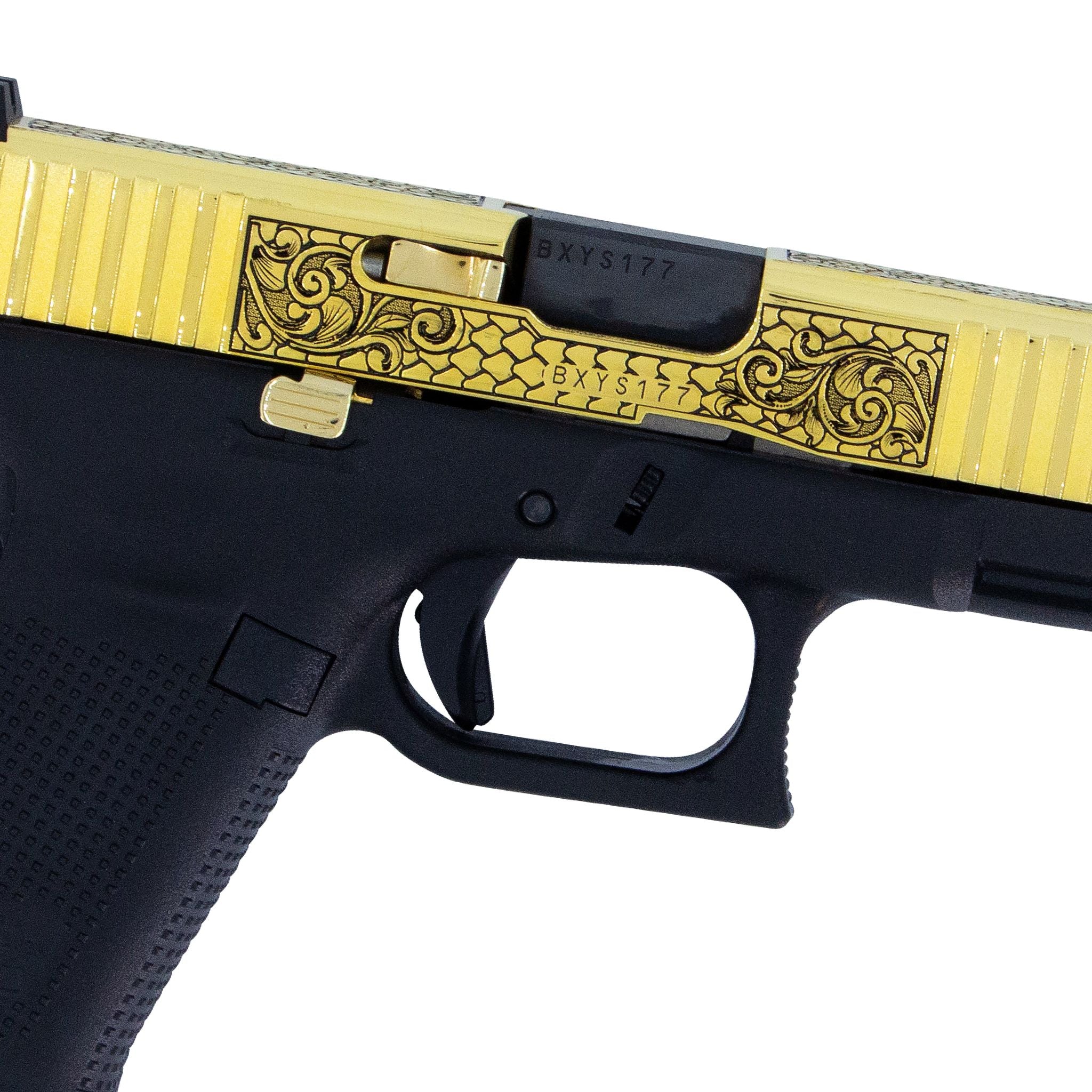 Glock G19 Gen 5, 9mm, Tuscan Scroll, 24 Karat Gold, SKU: 6833796218982, 24 karat gold gun, 24 Karat Gold Firearm
