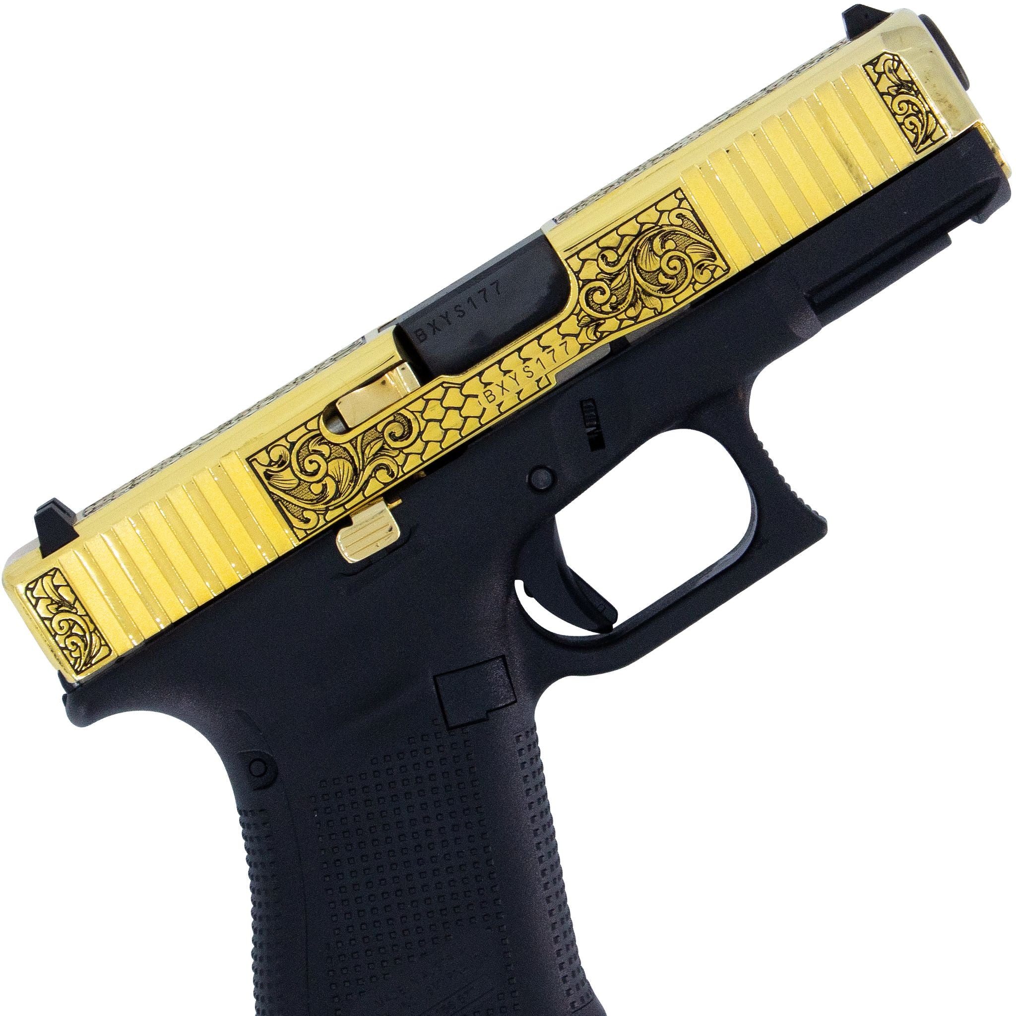 Glock G19 Gen 5, 9mm, Tuscan Scroll, 24 Karat Gold, SKU: 6833796218982, 24 karat gold gun, 24 Karat Gold Firearm