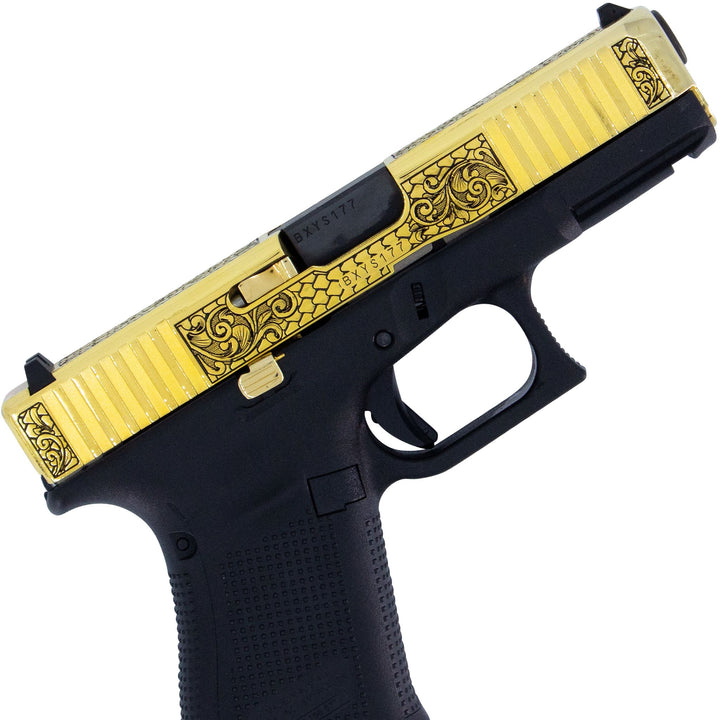 Glock G19 Gen 5, 9mm, Tuscan Scroll, 24 Karat Gold, SKU: 6833796218982, 24 karat gold gun, 24 Karat Gold Firearm