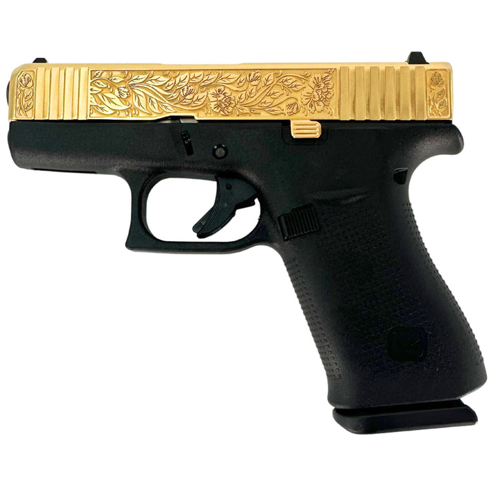Glock G43X Subcompact, 9mm, Italian Renaissance, 24 Karat Gold Plated, SKU: 6823939178598, 24 karat gold gun, 24 Karat Gold Firearm , UPC: 764503061912