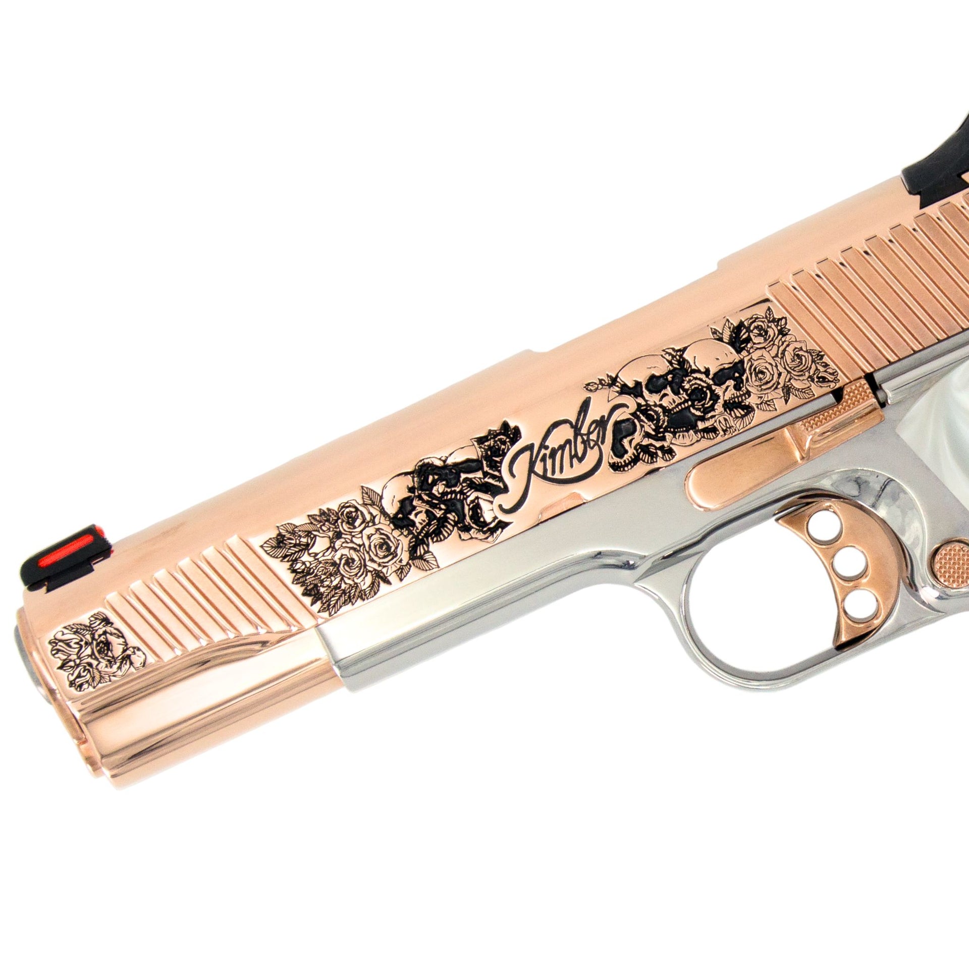 Kimber Stainless II 45 ACP Skull and Flowers Engraved Rose Gold and High Polished Stainless Steel CA Compliant