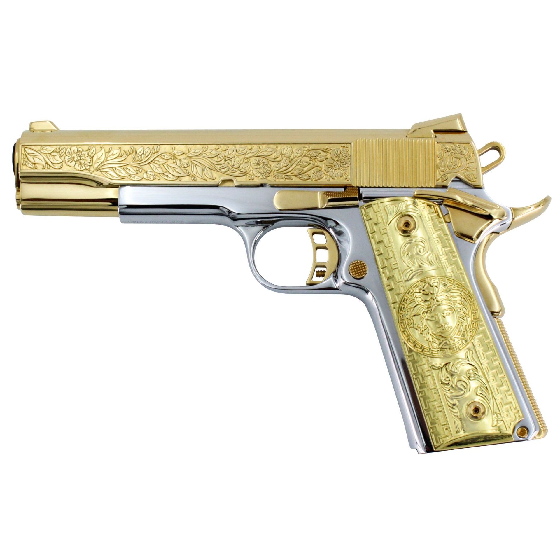 Rock Island 1911, 45 ACP, Italian Renaissance, 24K Gold Plated Slide & Accents with High Polished White Chrome Frame, SKU: 6595861872742, 24 karat gold gun, 24 Karat Gold Firearm, California compliant handguns