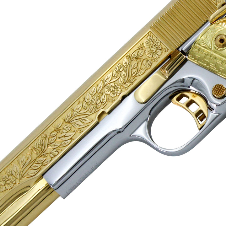 Rock Island 1911, 45 ACP, Italian Renaissance, 24K Gold Plated Slide & Accents with High Polished White Chrome Frame, SKU: 6595861872742, 24 karat gold gun, 24 Karat Gold Firearm, California compliant handguns