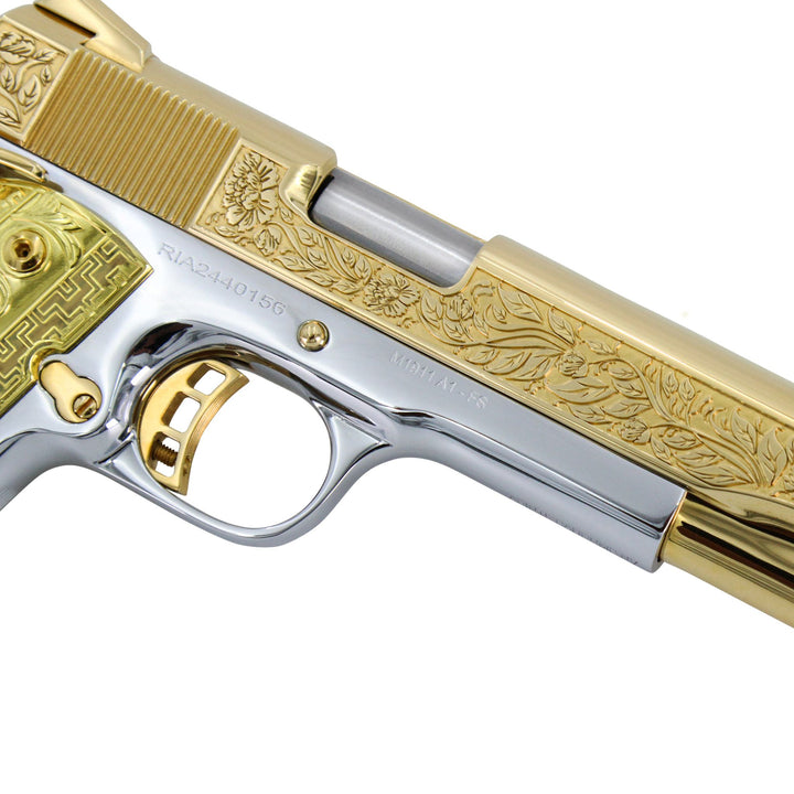 Rock Island 1911, 45 ACP, Italian Renaissance, 24K Gold Plated Slide & Accents with High Polished White Chrome Frame, SKU: 6595861872742, 24 karat gold gun, 24 Karat Gold Firearm, California compliant handguns