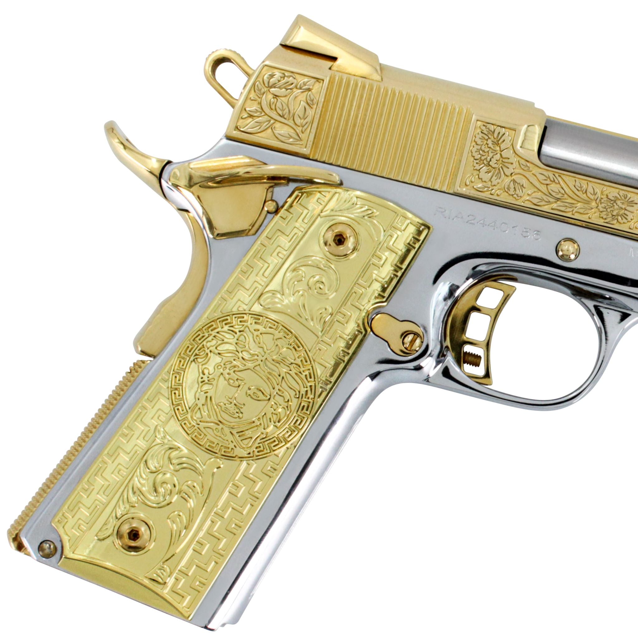 Rock Island 1911, 45 ACP, Italian Renaissance, 24K Gold Plated Slide & Accents with High Polished White Chrome Frame, SKU: 6595861872742, 24 karat gold gun, 24 Karat Gold Firearm, California compliant handguns