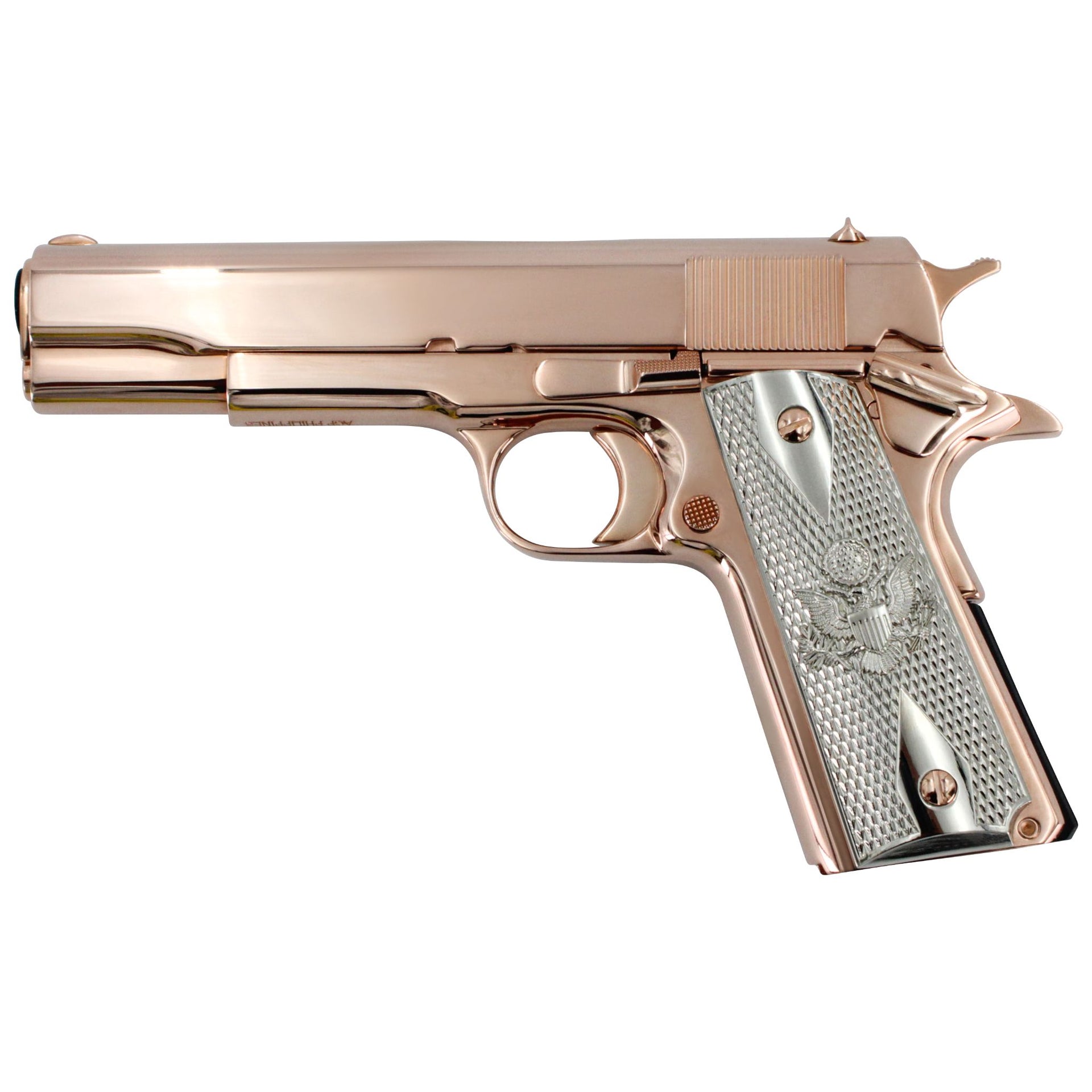 Rock Island 1911 FS, .45 ACP, 18 karat Rose Gold Plated, Engraved Stainless Steel Grips, SKU: 6595903848550, 18 karat gold gun, 18 Karat Gold Firearm, California compliant handguns