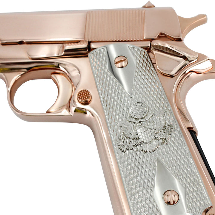 Rock Island 1911 FS, .45 ACP, 18 karat Rose Gold Plated, Engraved Stainless Steel Grips, SKU: 6595903848550, 18 karat gold gun, 18 Karat Gold Firearm, California compliant handguns