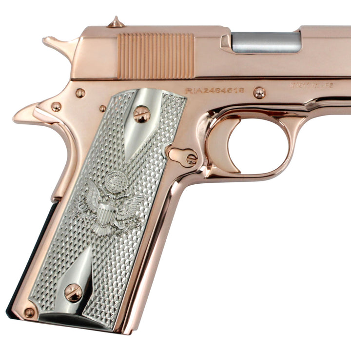 Rock Island 1911 FS, .45 ACP, 18 karat Rose Gold Plated, Engraved Stainless Steel Grips, SKU: 6595903848550, 18 karat gold gun, 18 Karat Gold Firearm, California compliant handguns