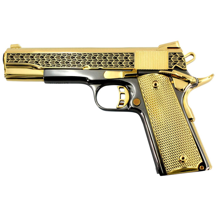 Rock Island Armory 1911-A1, 45ACP, Lotus Leaf Design, 24k Gold Plated Slide & Accents, with a Black Chrome Finished Frame, SKU: 6659730702438, 24 karat gold gun, 24 Karat Gold Firearm, California compliant handguns