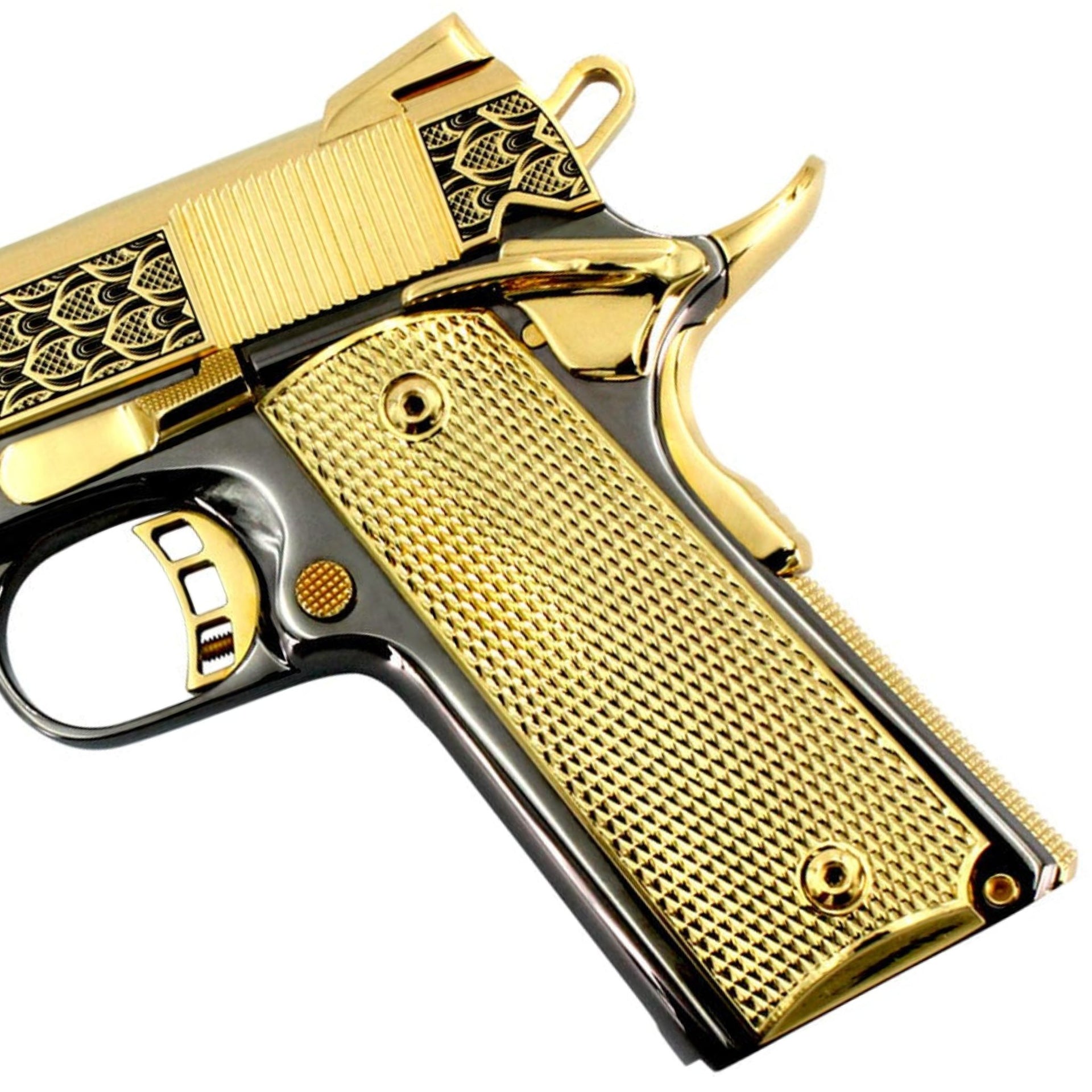 Rock Island Armory 1911-A1, 45ACP, Lotus Leaf Design, 24k Gold Plated Slide & Accents, with a Black Chrome Finished Frame, SKU: 6659730702438, 24 karat gold gun, 24 Karat Gold Firearm, California compliant handguns