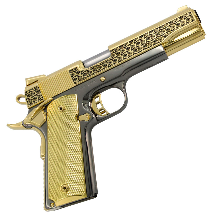 Rock Island Armory 1911-A1, 45ACP, Lotus Leaf Design, 24k Gold Plated Slide & Accents, with a Black Chrome Finished Frame, SKU: 6659730702438, 24 karat gold gun, 24 Karat Gold Firearm, California compliant handguns