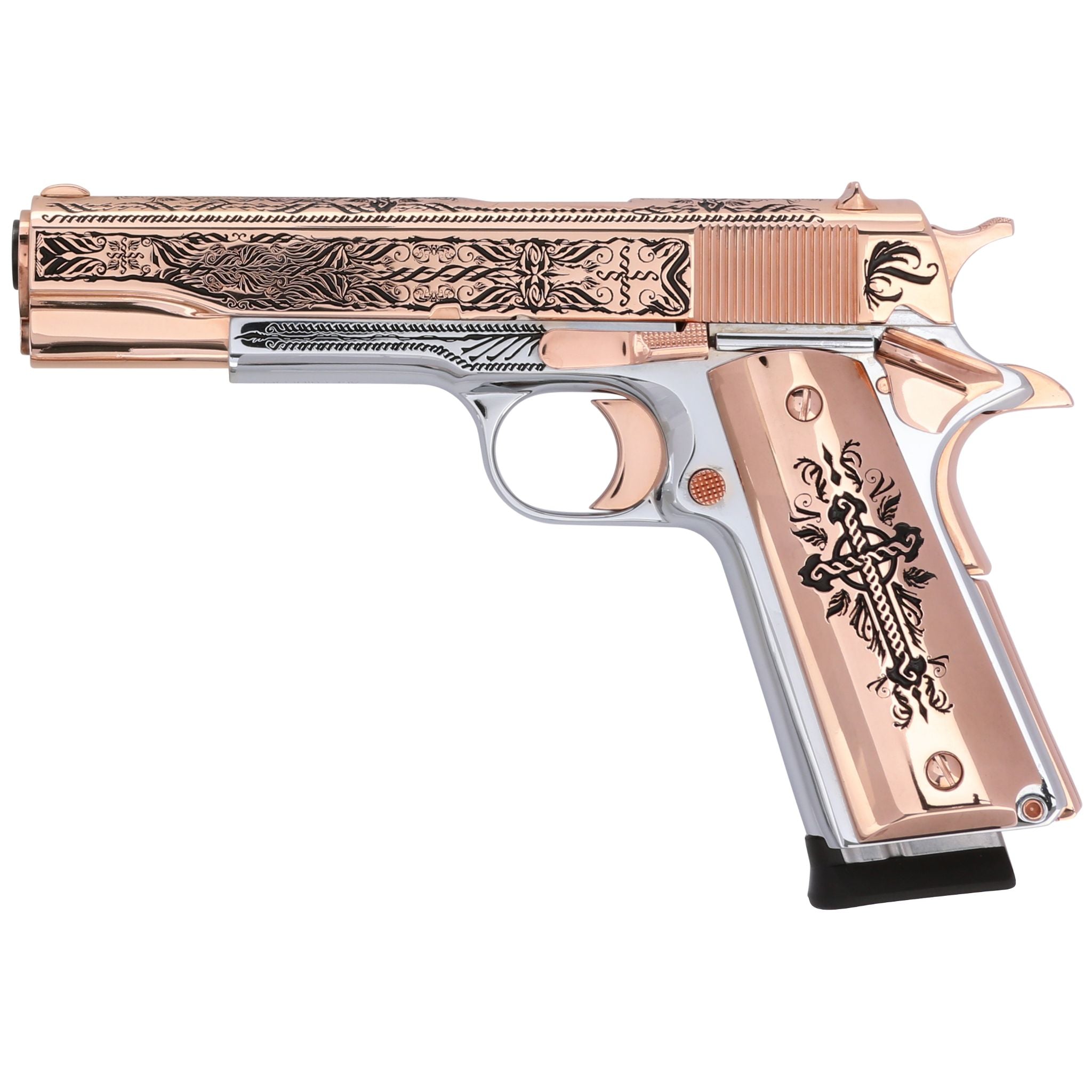 Rock Island, 38 Super, Crusader, 18K Rose Gold Slide, and Accents, White Chrome Frame, SKU: 6768769466470, 18 karat gold gun, 18 Karat Gold Firearm, California compliant handguns