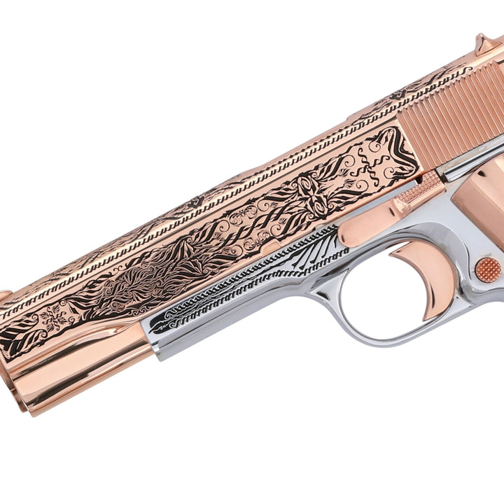 Rock Island, 38 Super, Crusader, 18K Rose Gold Slide, and Accents, White Chrome Frame, SKU: 6768769466470, 18 karat gold gun, 18 Karat Gold Firearm, California compliant handguns