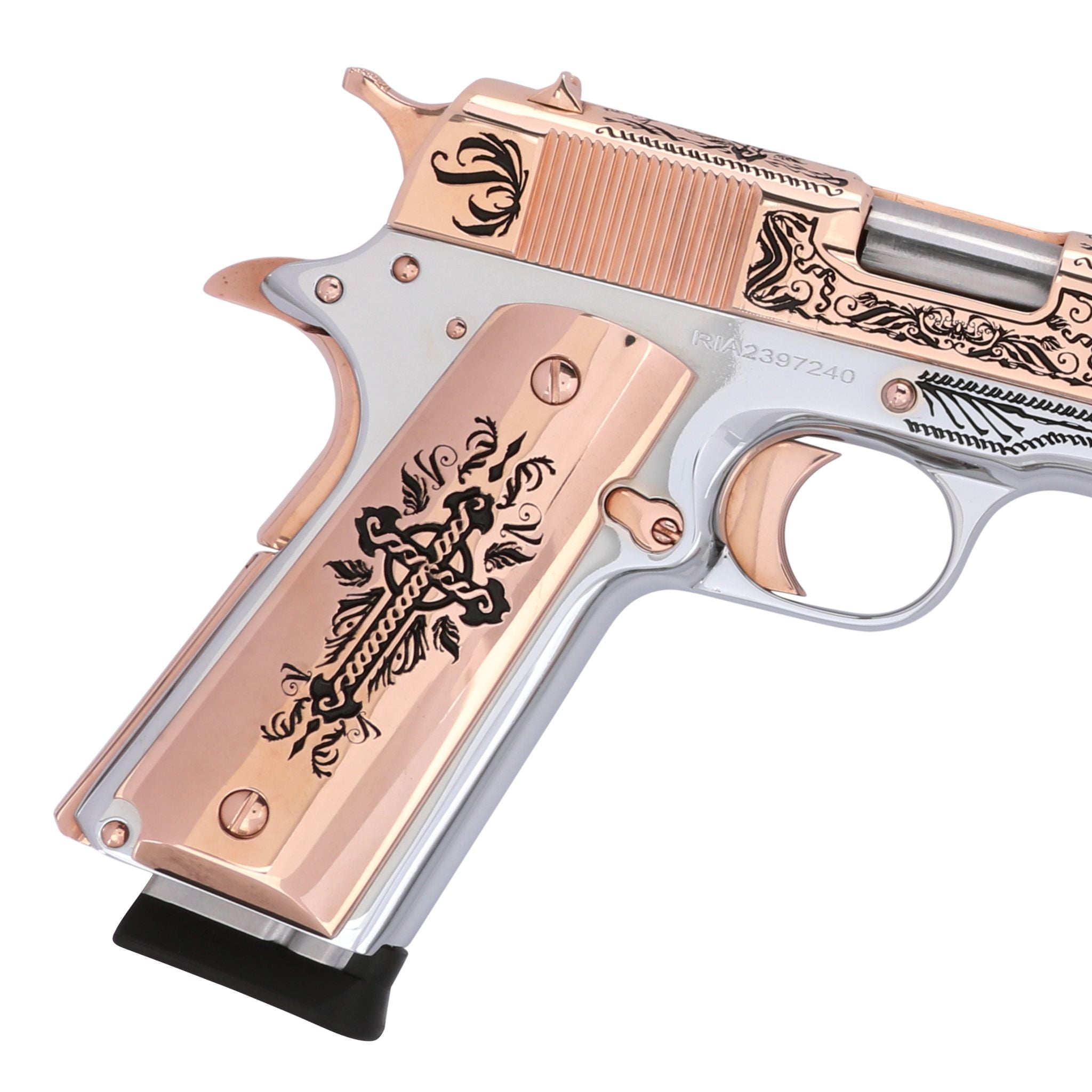 Rock Island, 38 Super, Crusader, 18K Rose Gold Slide, and Accents, White Chrome Frame, SKU: 6768769466470, 18 karat gold gun, 18 Karat Gold Firearm, California compliant handguns