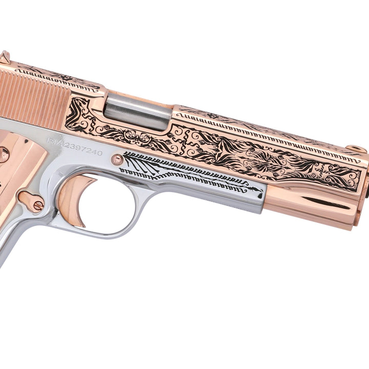 Rock Island, 38 Super, Crusader, 18K Rose Gold Slide, and Accents, White Chrome Frame, SKU: 6768769466470, 18 karat gold gun, 18 Karat Gold Firearm, California compliant handguns