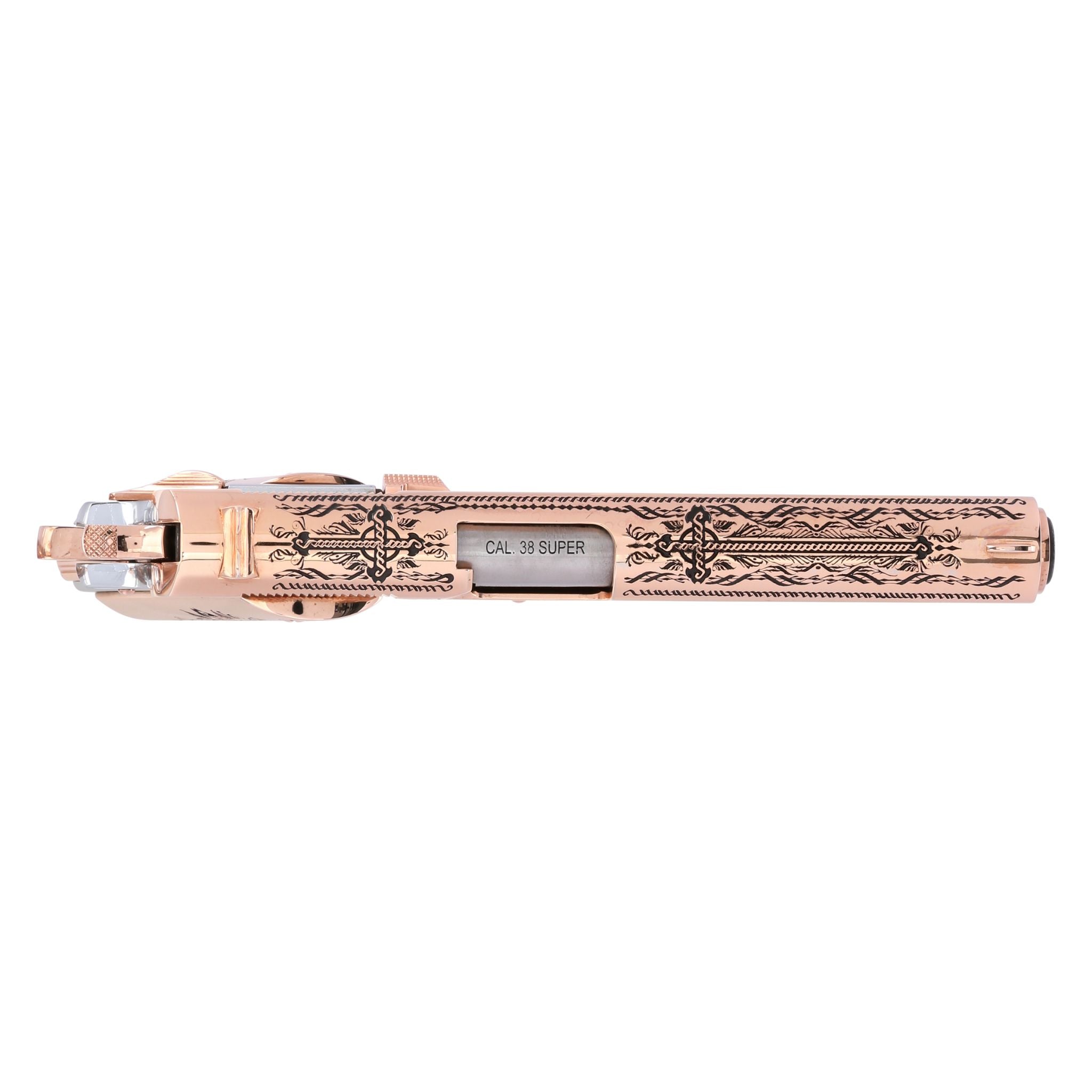 Rock Island, 38 Super, Crusader, 18K Rose Gold Slide, and Accents, White Chrome Frame, SKU: 6768769466470, 18 karat gold gun, 18 Karat Gold Firearm, California compliant handguns