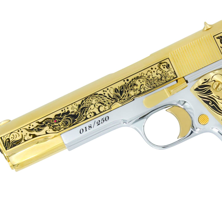 Rock Island 1911-A1, 45ACP, Naga Warrior with Ruby, 24K Gold Plated Slide & Accents with High Polished White Chrome Frame, SKU: 6736103309414, 24 karat gold gun, 24 Karat Gold Firearm, California compliant handguns