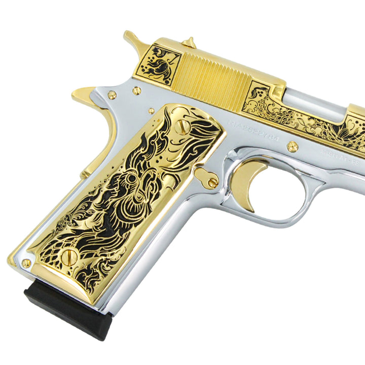 Rock Island 1911-A1, 45ACP, Naga Warrior with Ruby, 24K Gold Plated Slide & Accents with High Polished White Chrome Frame, SKU: 6736103309414, 24 karat gold gun, 24 Karat Gold Firearm, California compliant handguns