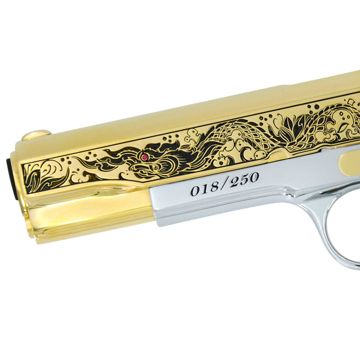 Rock Island 1911-A1, 45ACP, Naga Warrior with Ruby, 24K Gold Plated Slide & Accents with High Polished White Chrome Frame, SKU: 6736103309414, 24 karat gold gun, 24 Karat Gold Firearm, California compliant handguns