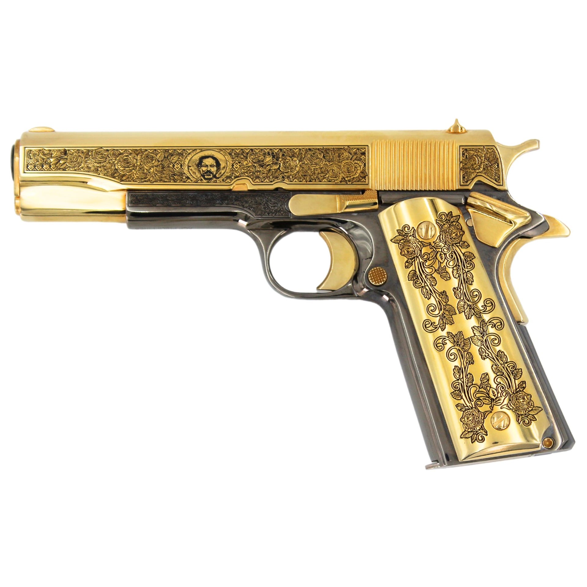 Rock Island 38 Super Pancho Villa, 24K Gold Plated and Engraved, Black Chrome Frame