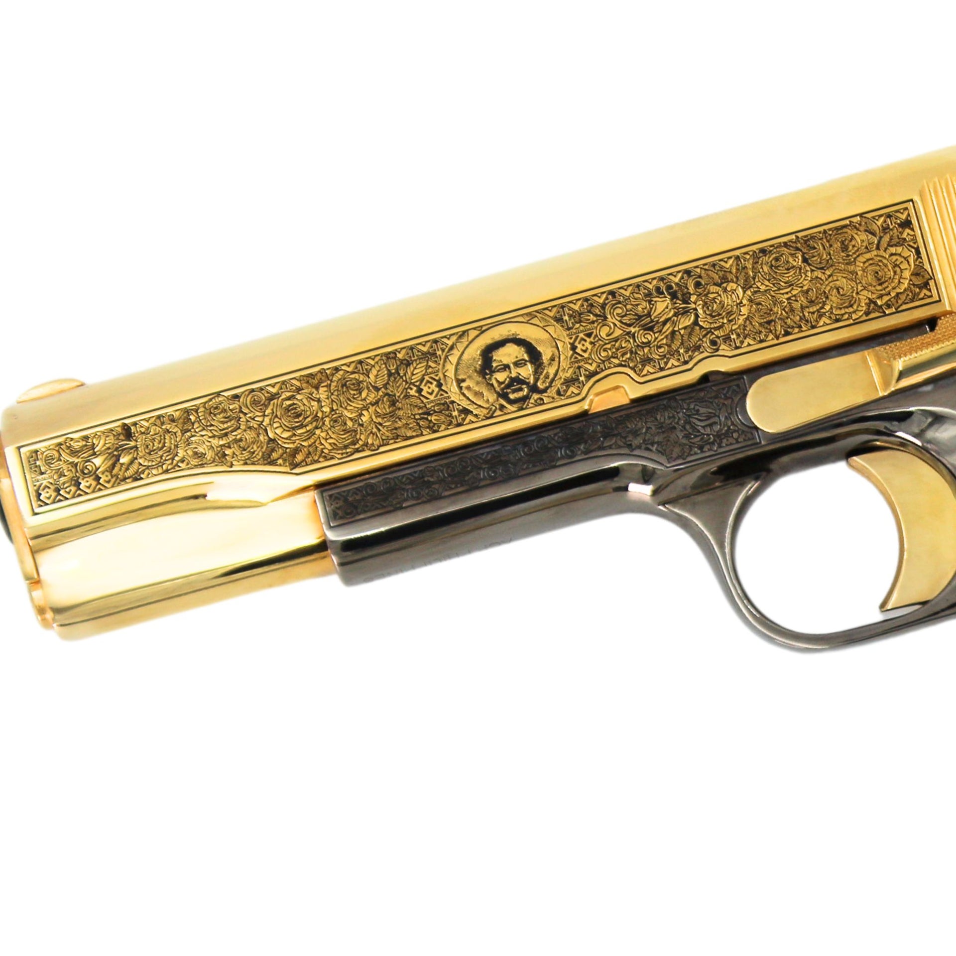 Rock Island 38 Super Pancho Villa, 24K Gold Plated and Engraved, Black Chrome Frame