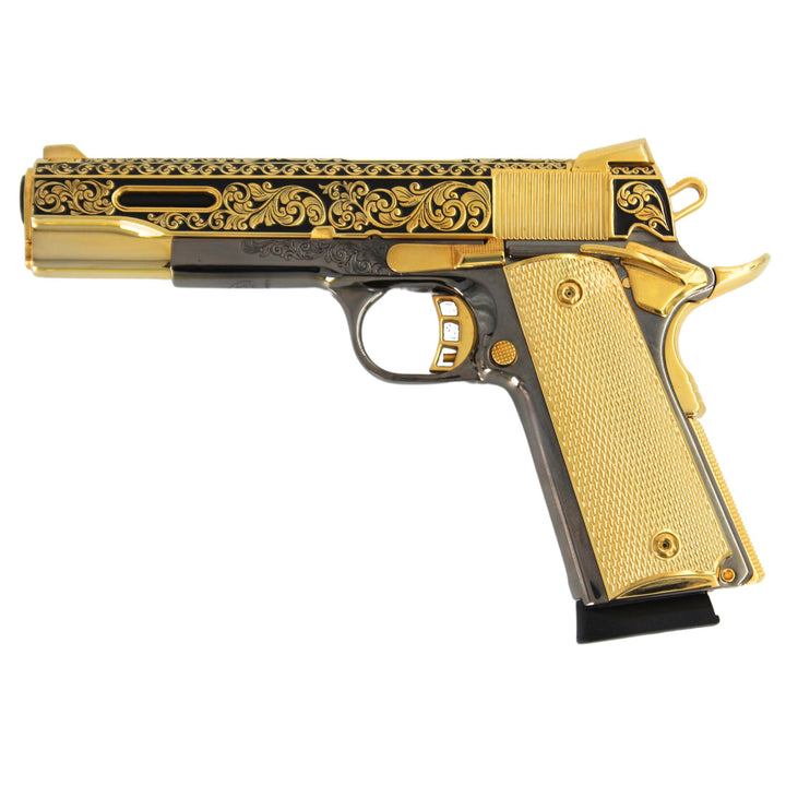 Rock Island 1911 Standard FS, 45 ACP, Classic Scroll engraved, 24 karat Gold and Black Chrome plated, SKU: 7010462728294, Gold Gun, Gold Firearm, Engraved Firearm