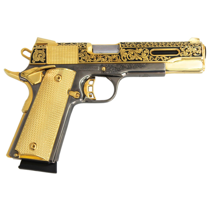 Rock Island 1911 Standard FS, 45 ACP, Classic Scroll engraved, 24 karat Gold and Black Chrome plated, SKU: 7010462728294, Gold Gun, Gold Firearm, Engraved Firearm