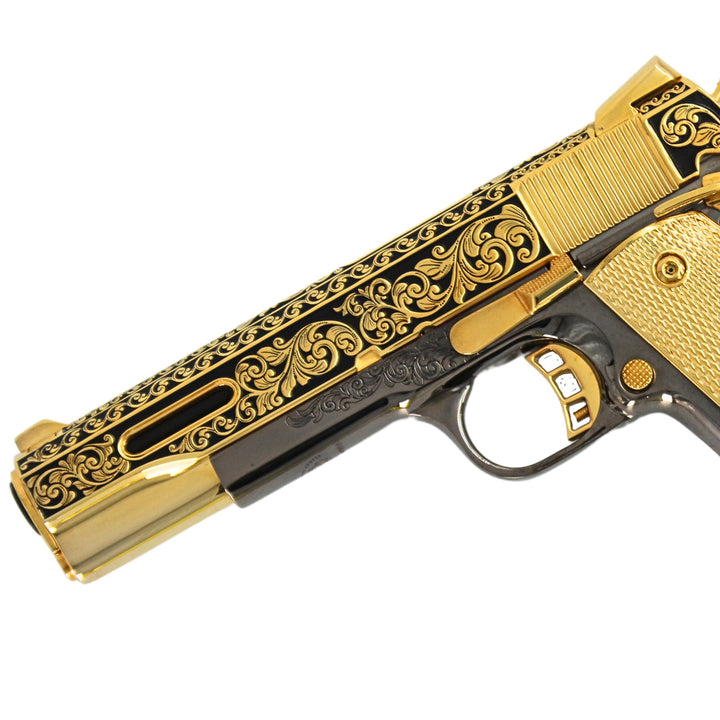 Rock Island 1911 Standard FS, 45 ACP, Classic Scroll engraved, 24 karat Gold and Black Chrome plated, SKU: 7010462728294, Gold Gun, Gold Firearm, Engraved Firearm