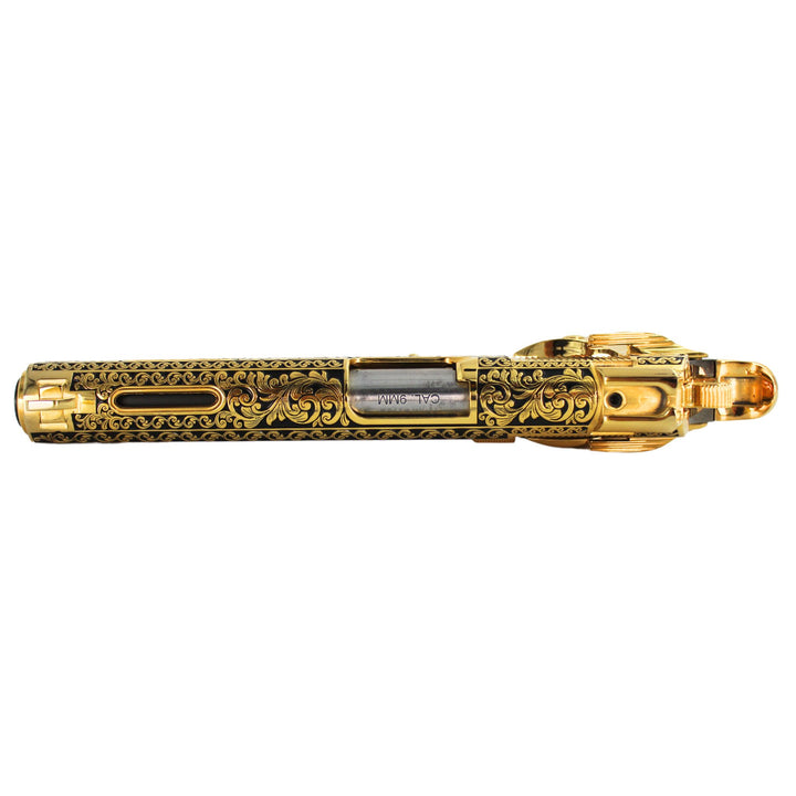Rock Island 1911 Standard FS, 45 ACP, Classic Scroll engraved, 24 karat Gold and Black Chrome plated, SKU: 7010462728294, Gold Gun, Gold Firearm, Engraved Firearm