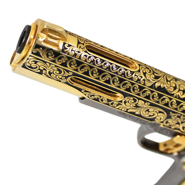 Rock Island 1911 Standard FS, 45 ACP, Classic Scroll engraved, 24 karat Gold and Black Chrome plated, SKU: 7010462728294, Gold Gun, Gold Firearm, Engraved Firearm