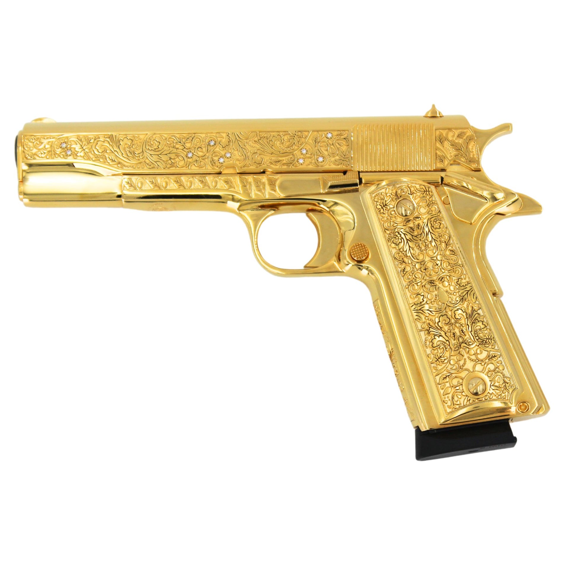 Rock Island 1911 Standard FS, 45 ACP, Vine and Berries with Diamonds, High Polished 24 karat Gold plated, SKU: 7010461778022,  Gold Gun,  Gold Firearm, Engraved Firearm