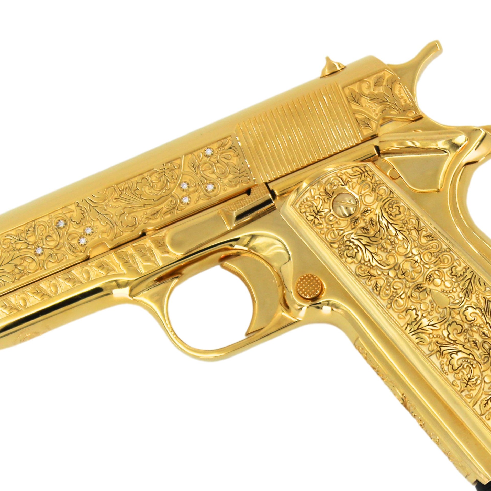 Rock Island 1911 Standard FS, 45 ACP, Vine and Berries with Diamonds, High Polished 24 karat Gold plated, SKU: 7010461778022,  Gold Gun,  Gold Firearm, Engraved Firearm