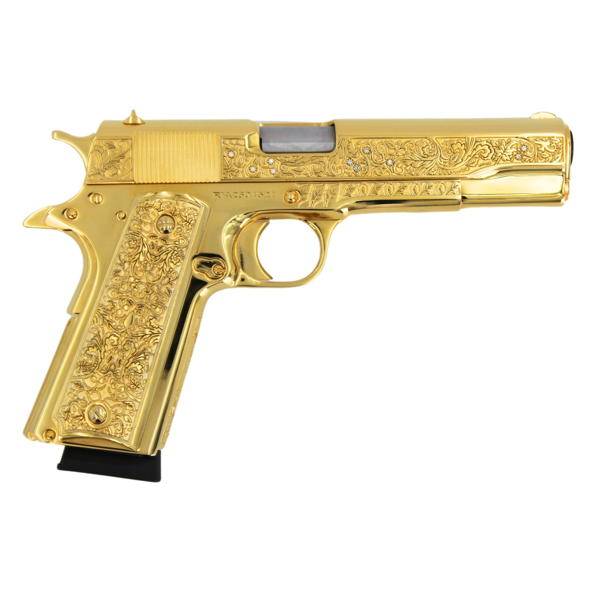 Rock Island 1911 Standard FS, 45 ACP, Vine and Berries with Diamonds, High Polished 24 karat Gold plated, SKU: 7010461778022,  Gold Gun,  Gold Firearm, Engraved Firearm