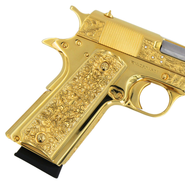 Rock Island 1911 Standard FS, 45 ACP, Vine and Berries with Diamonds, High Polished 24 karat Gold plated, SKU: 7010461778022, Gold Gun, Gold Firearm, Engraved Firearm
