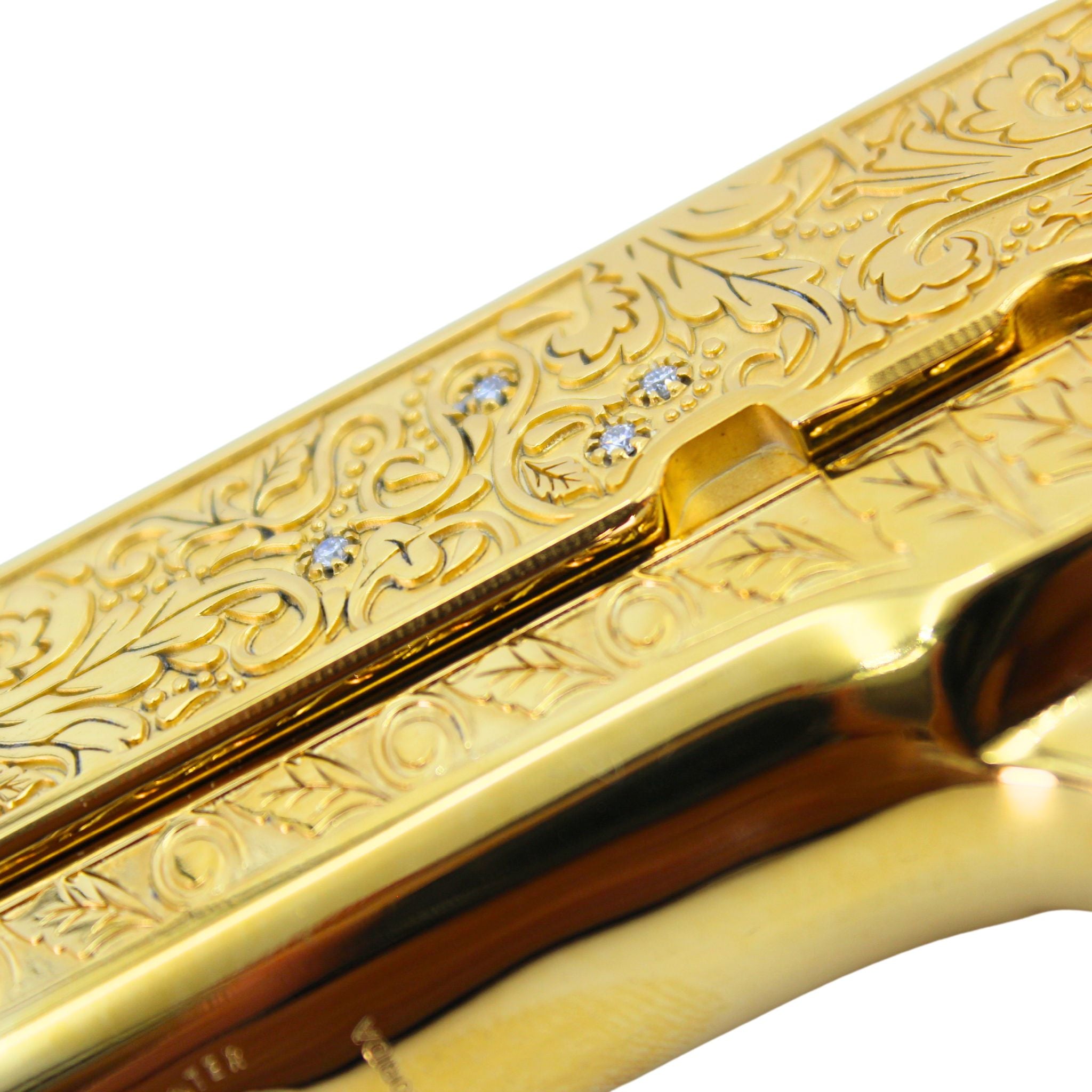 Rock Island 1911 Standard FS, 45 ACP, Vine and Berries with Diamonds, High Polished 24 karat Gold plated, SKU: 7010461778022,  Gold Gun,  Gold Firearm, Engraved Firearm