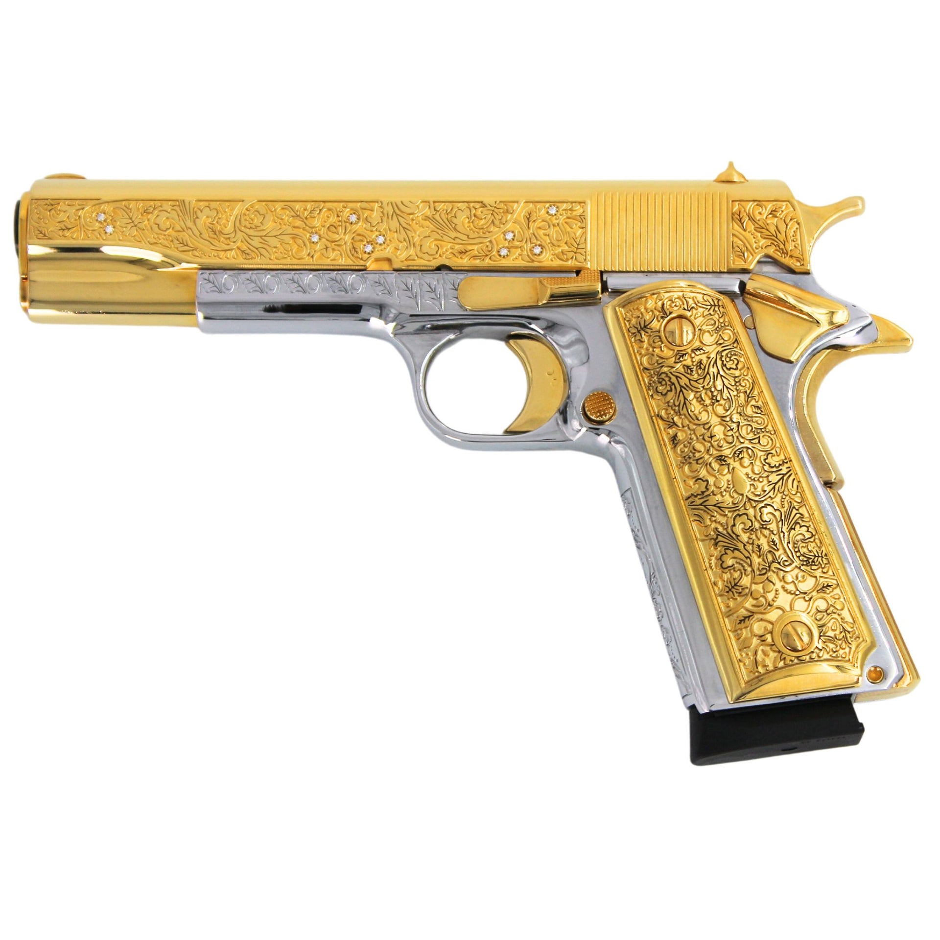 Rock Island 1911 Standard FS, 45 ACP, Vine and Berries with Diamonds, 24 karat Gold plated and High Polished White Chrome, SKU: 7010461778022,  Gold Gun,  Gold Firearm, Engraved Firearm