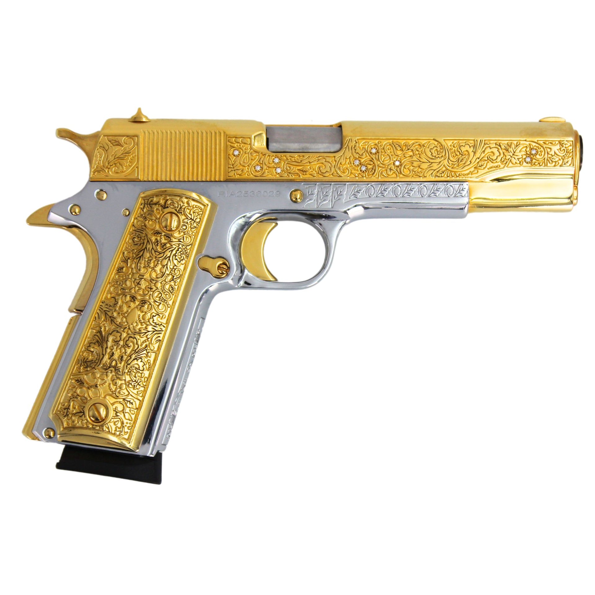 Rock Island 1911 Standard FS, 45 ACP, Vine and Berries with Diamonds, 24 karat Gold plated and High Polished White Chrome, SKU: 7010461778022,  Gold Gun,  Gold Firearm, Engraved Firearm