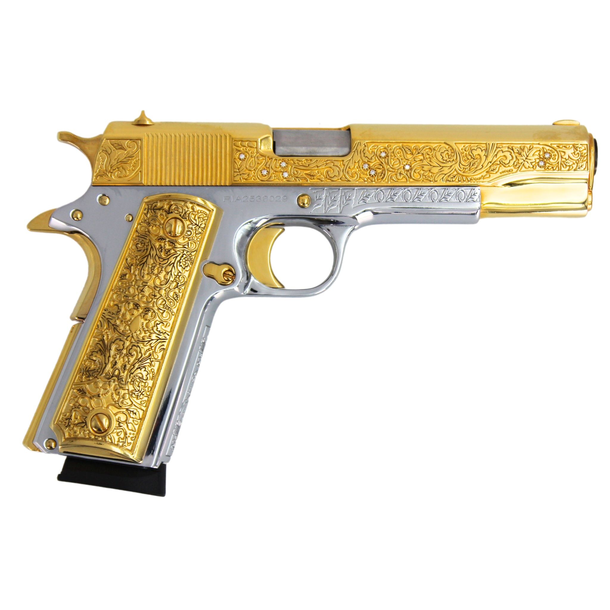 Rock Island 1911 Standard FS, 45 ACP, Vine and Berries with Diamonds, 24 karat Gold plated and High Polished White Chrome, SKU: 7010461778022,  Gold Gun,  Gold Firearm, Engraved Firearm  