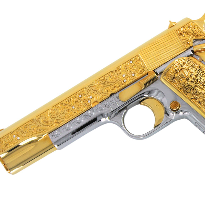 Rock Island 1911 Standard FS, 45 ACP, Vine and Berries with Diamonds, 24 karat Gold plated and High Polished White Chrome, SKU: 7010461778022, Gold Gun, Gold Firearm, Engraved Firearm