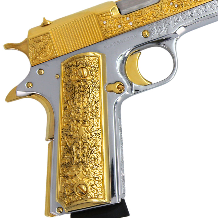 Rock Island 1911 Standard FS, 45 ACP, Vine and Berries with Diamonds, 24 karat Gold plated and High Polished White Chrome, SKU: 7010461778022, Gold Gun, Gold Firearm, Engraved Firearm