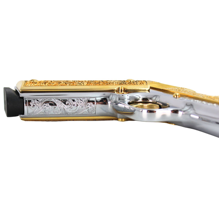 Rock Island 1911 Standard FS, 45 ACP, Vine and Berries with Diamonds, 24 karat Gold plated and High Polished White Chrome, SKU: 7010461778022, Gold Gun, Gold Firearm, Engraved Firearm