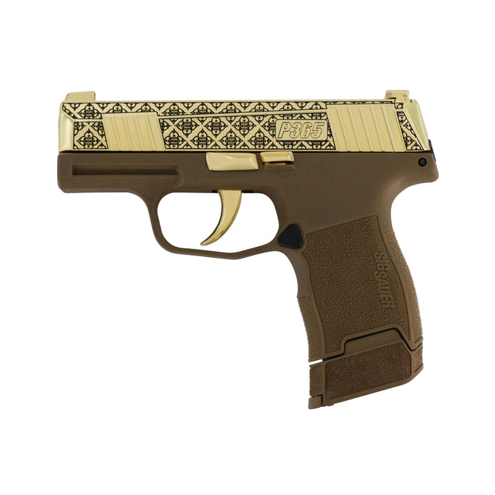 Sig Sauer P365, 9MM, Coyote Arabesque Design, 24K Gold Slide and Accents, SKU: 6697942548582, 24 karat gold gun, 24 Karat Gold Firearm