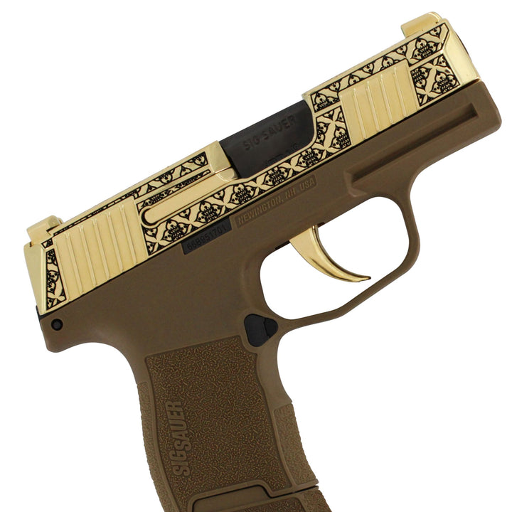 Sig Sauer P365, 9MM, Coyote Arabesque Design, 24K Gold Slide and Accents, SKU: 6697942548582, 24 karat gold gun, 24 Karat Gold Firearm