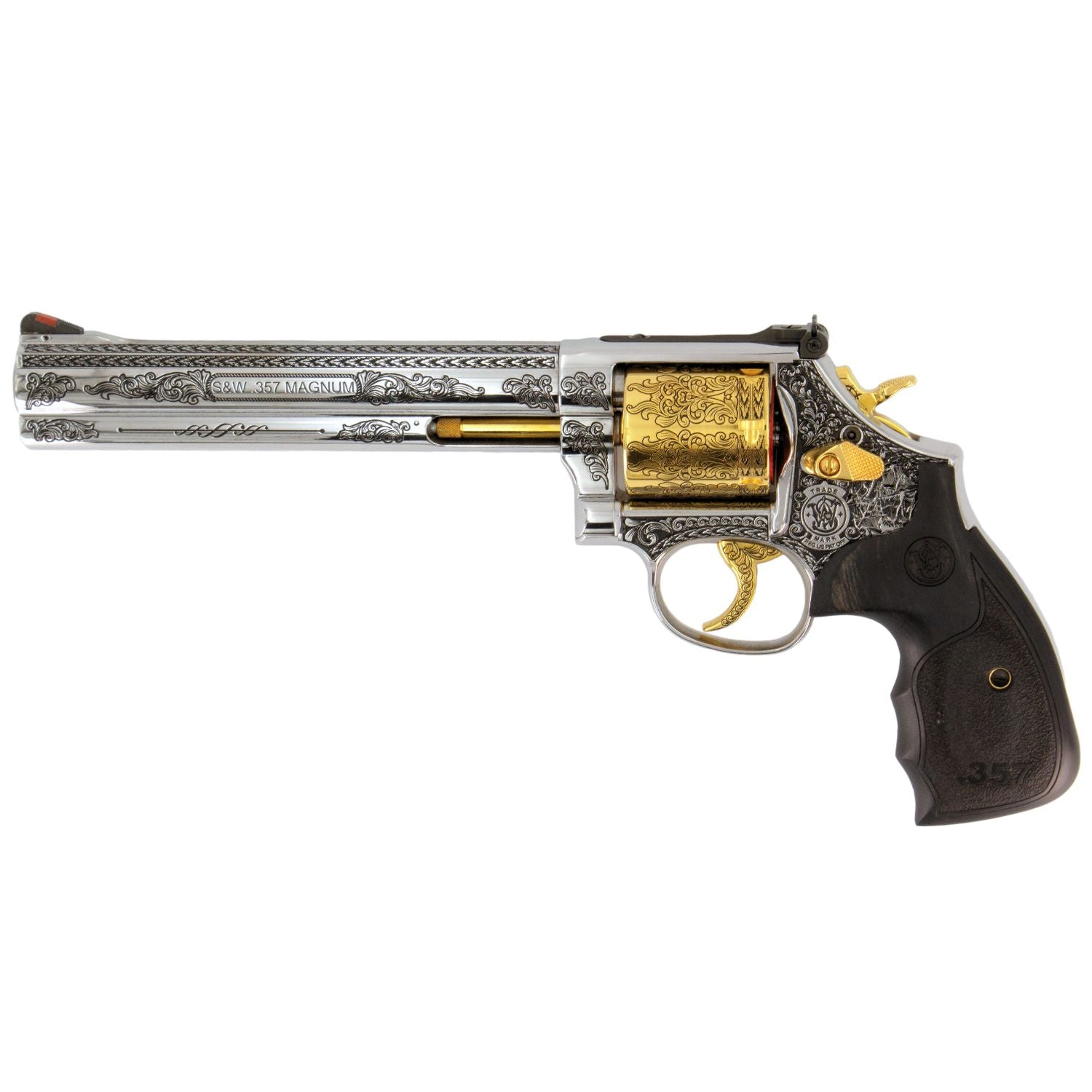 Smith & Wesson The Captain 686 Plus Engraved In High Polish Stainless Steel with 24 karat Gold Accents SKU: 6966492069990, Gold Gun, Gold Firearm, Gold Revolver