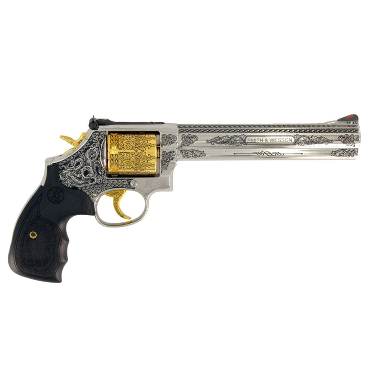 Smith & Wesson The Captain 686 Plus Engraved In High Polish Stainless Steel with 24 karat Gold Accents SKU: 6966492069990, Gold Gun, Gold Firearm, Gold Revolver
